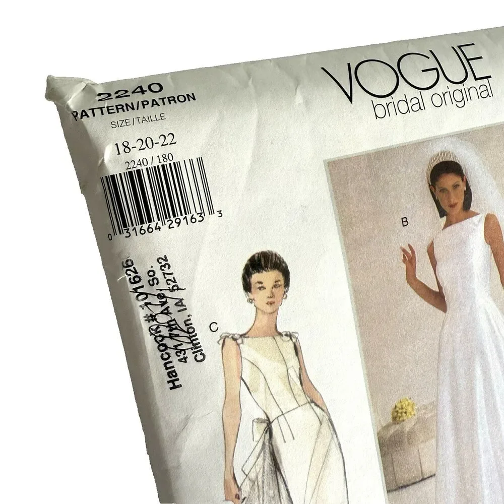 Vtg 90s Vogue Sewing Pattern 2240 Bridal Gown Dress Wedding Formal PLUS Sz 18-22